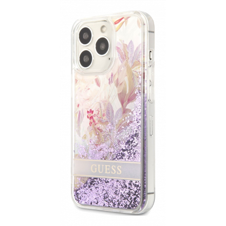 Aksesuārs Vāciņš iPhone 13 Pro Guess Liquid Glitter Flower Case purple GUHCP13LLFLSU