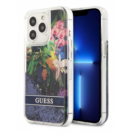 Aksesuārs Vāciņš iPhone 13 Pro  Liquid Glitter Flower Case blue GUHCP13LLFLSB