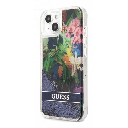 Aksesuārs Vāciņš iPhone 13 mini Guess Liquid Glitter Flower Case blue GUHCP13SLFLSB