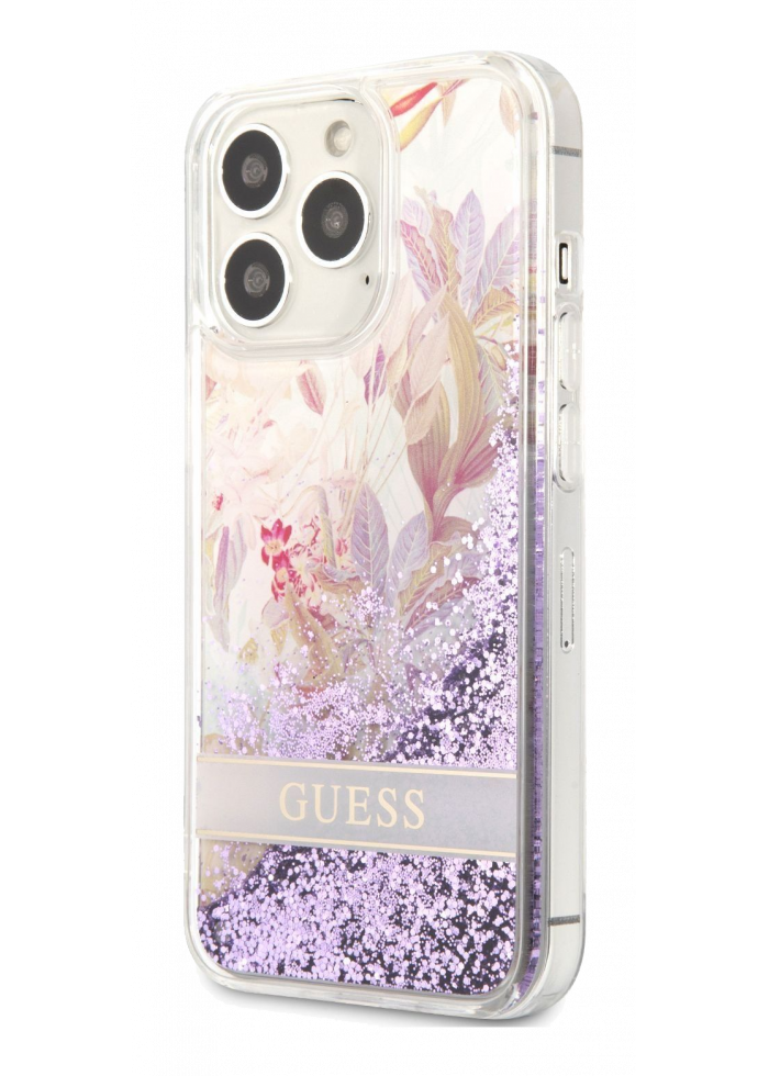 Accessory Vāciņš iPhone 13 Pro Max Guess Liquid Glitter Flower Case purple GUHCP13XLFLSU